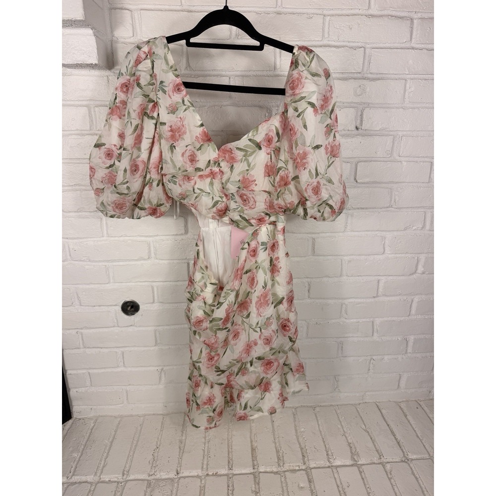 Hello Molly Dress US 6 Pink Rose Floral Puff Sleeve Ruched Mini NWT Romantic